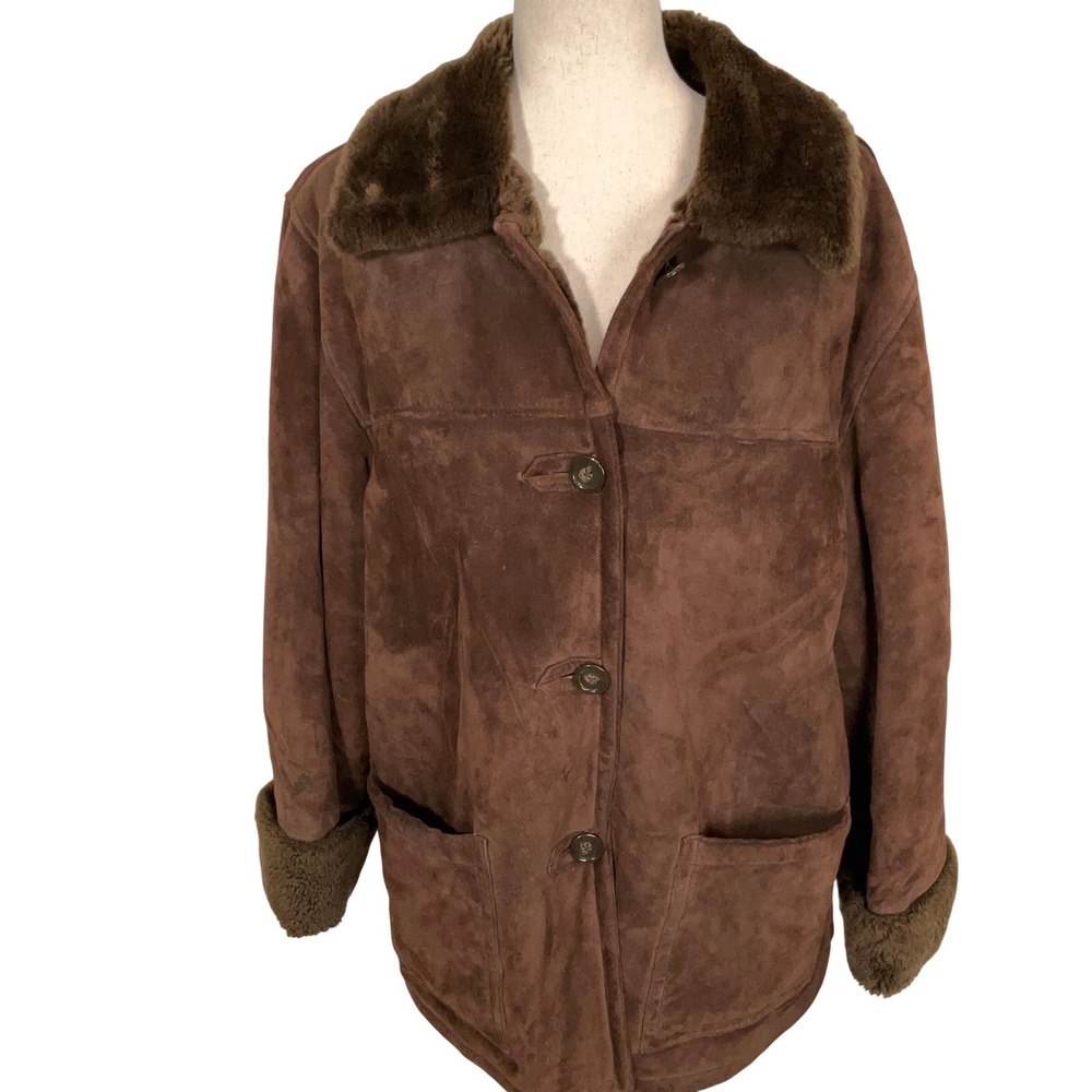 Dennis Basso Sherpa Coat Womens Medium Brown‎ Suede Faux Fur Winter Boho Jacket